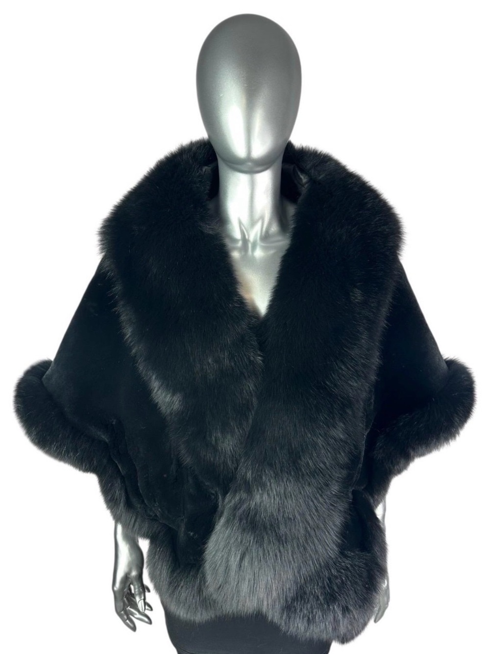 Black CHIN REX Rabbit Stole w/Black FOX Trim, Size M/L, Certified Vintage Fur